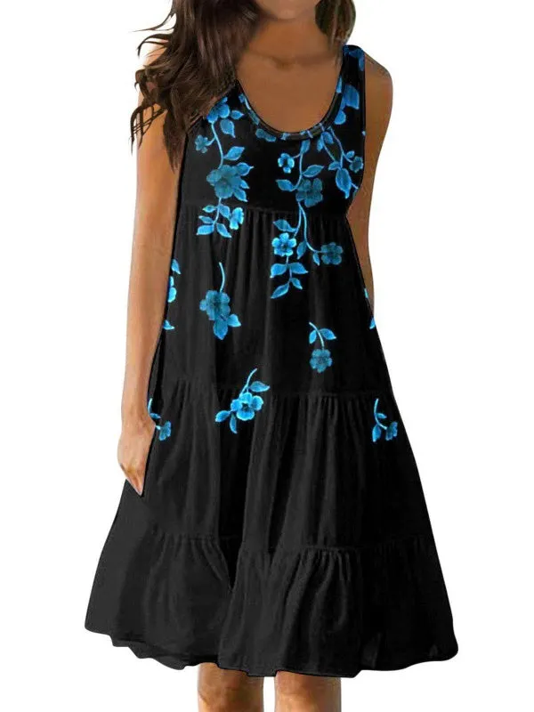 Women's Casual U-neck Sleeveless Printed Loose Patchwork Dress