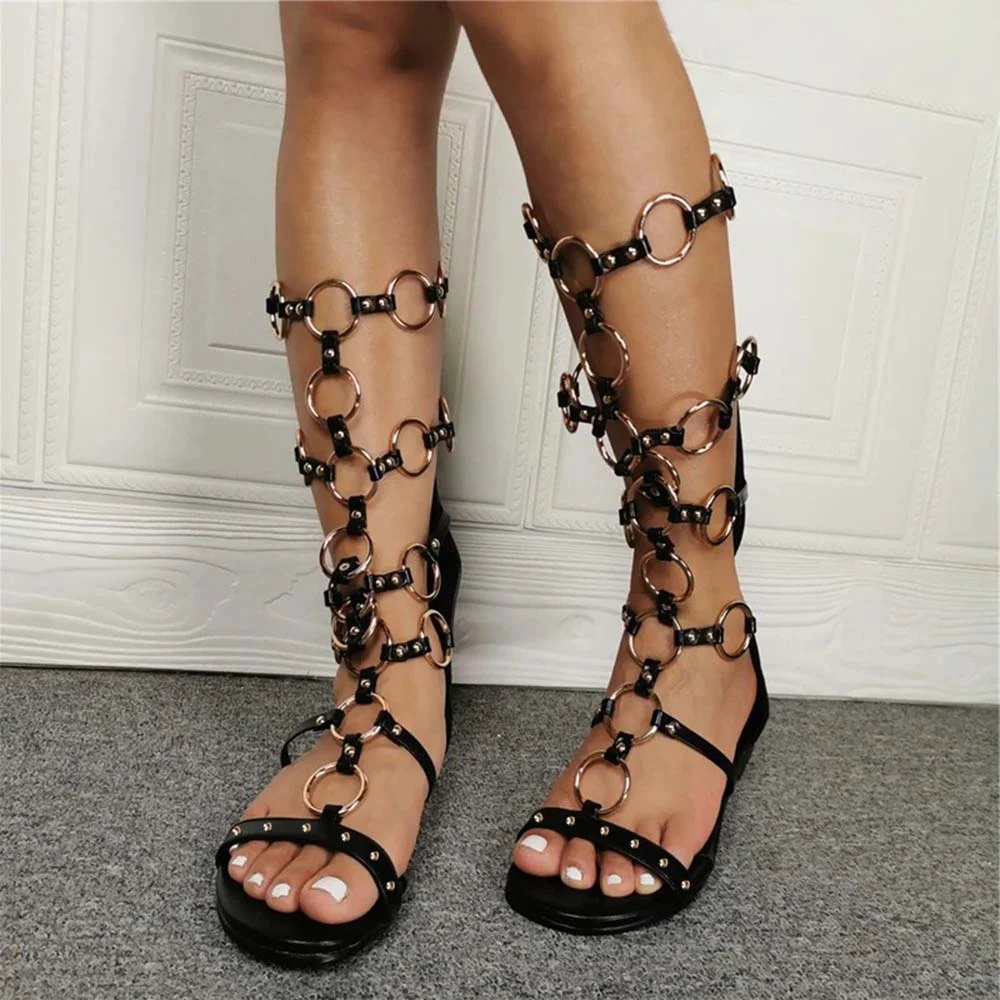 Black Sandals Open Toe Flats Metal Straps Round Toe Flats