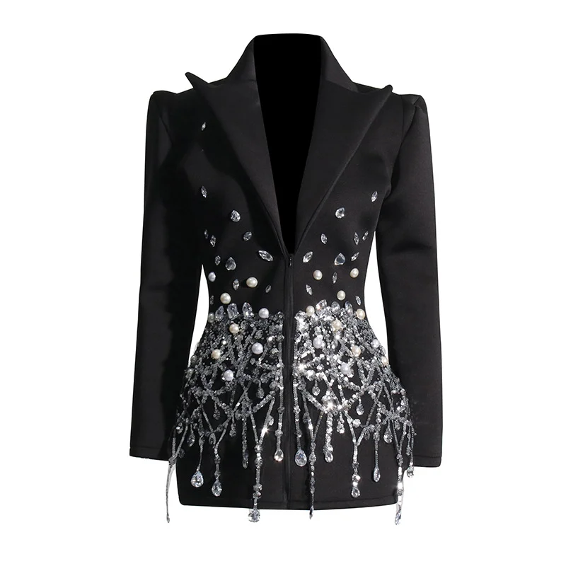 Toloer Toloer Socialite Wind 2024 Autumn New Lapel Sexy Heavy Industry Diamond Design Suit Dress Woman-Outfit Ideas