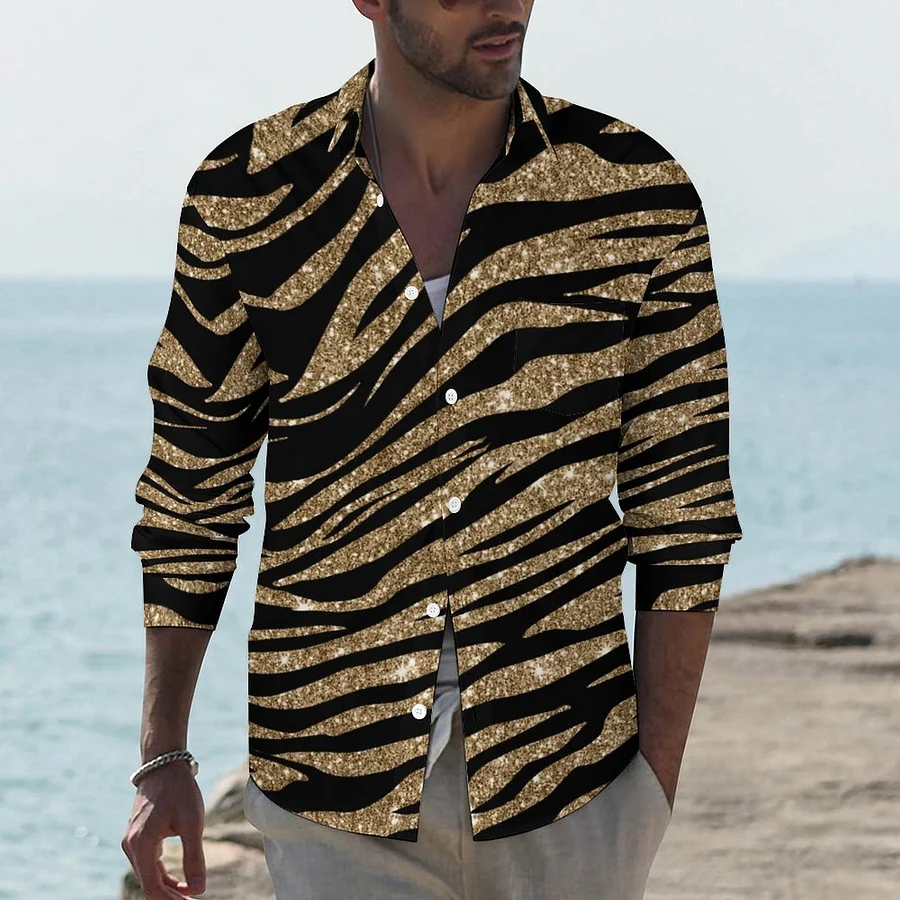 Black Gold Tiger Stripe Men's Casual Long Sleeve Hawaiian Button Down Pocket Shirt Black-XL Black Gold Tiger Stripe Men's Casual Long Sleeve Hawaiian Button Down Pocket Shirt Black-XL
