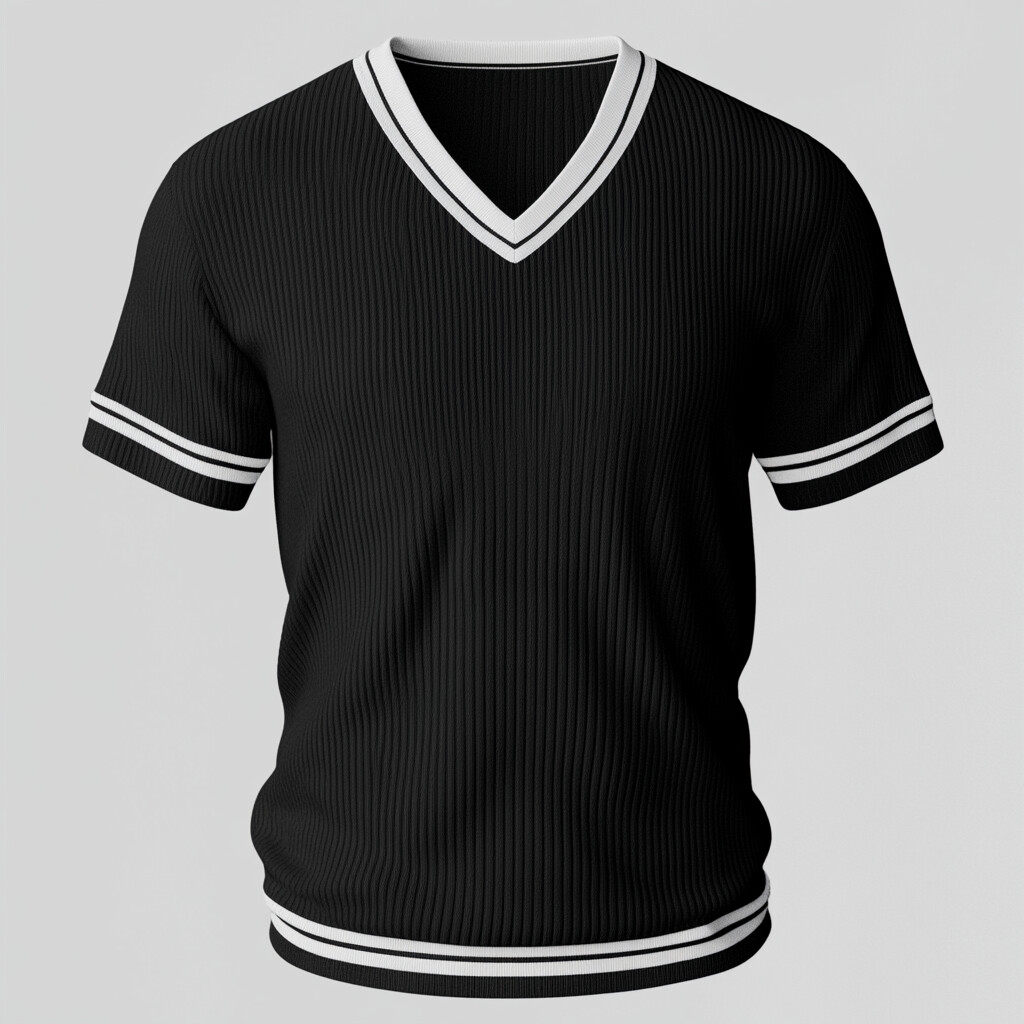 Men's Contrast Color Stripes V Neck Short Sleeve Rib Knitted T-Shirt