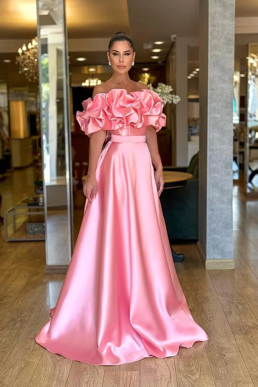 Miabel Glamorous Blushiing Pink Satin Off the Shoulder Strapless Long Prom Dress with Pleated 
