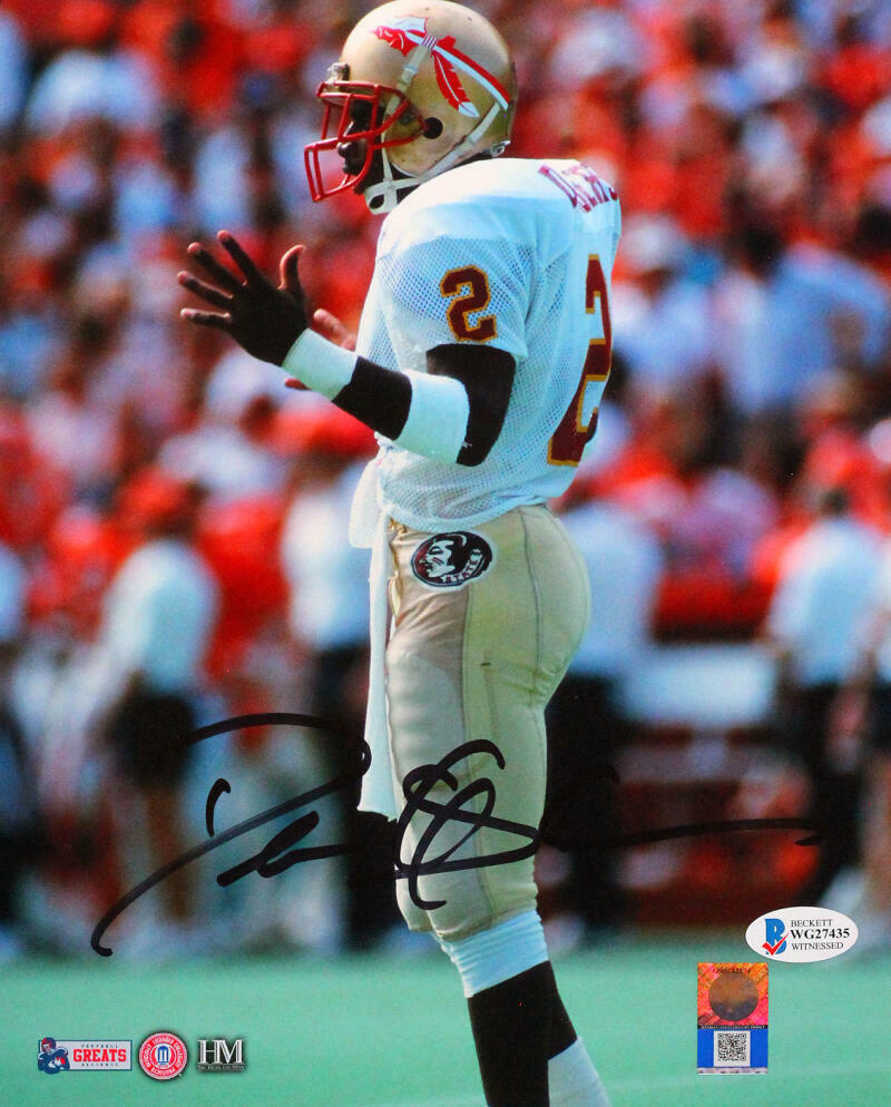 Deion Sanders Signed FSU Seminoles 8x10 White Jersey HM Photo Poster painting - Beckett W Auth