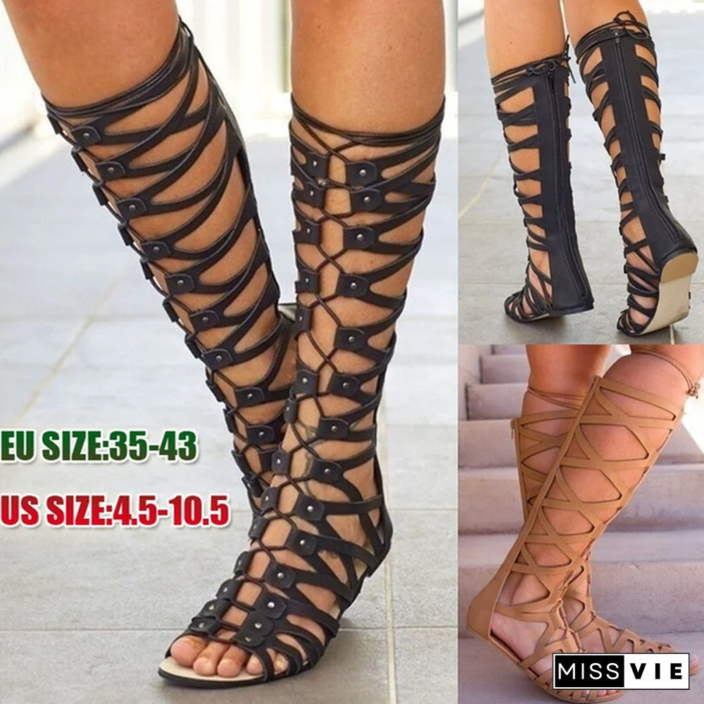 Fashion Gladiator Sandals Woman Flats Summer Shoe Ladies Sexy Casual Knee-High Boots Multi-Strap Gladiator Sandals Women Shoes Plus Size 35-43