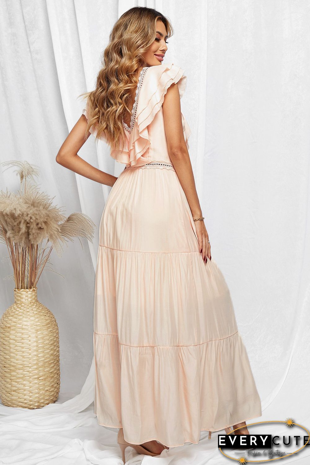 Pink Lace Splicing Ruffled Deep V Neck Maxi Dress