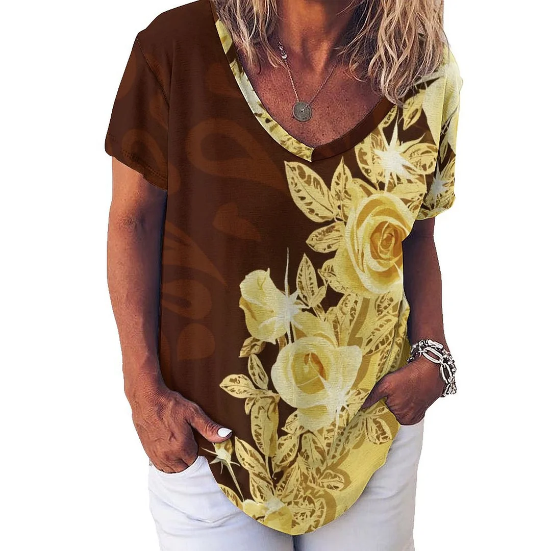 V-neck Short Sleeve Casual T-shirt for  Women Printed with Pattern Floral, Golden, Wine Red