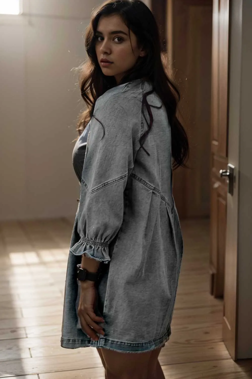 chic gray denim mini dress with button detail