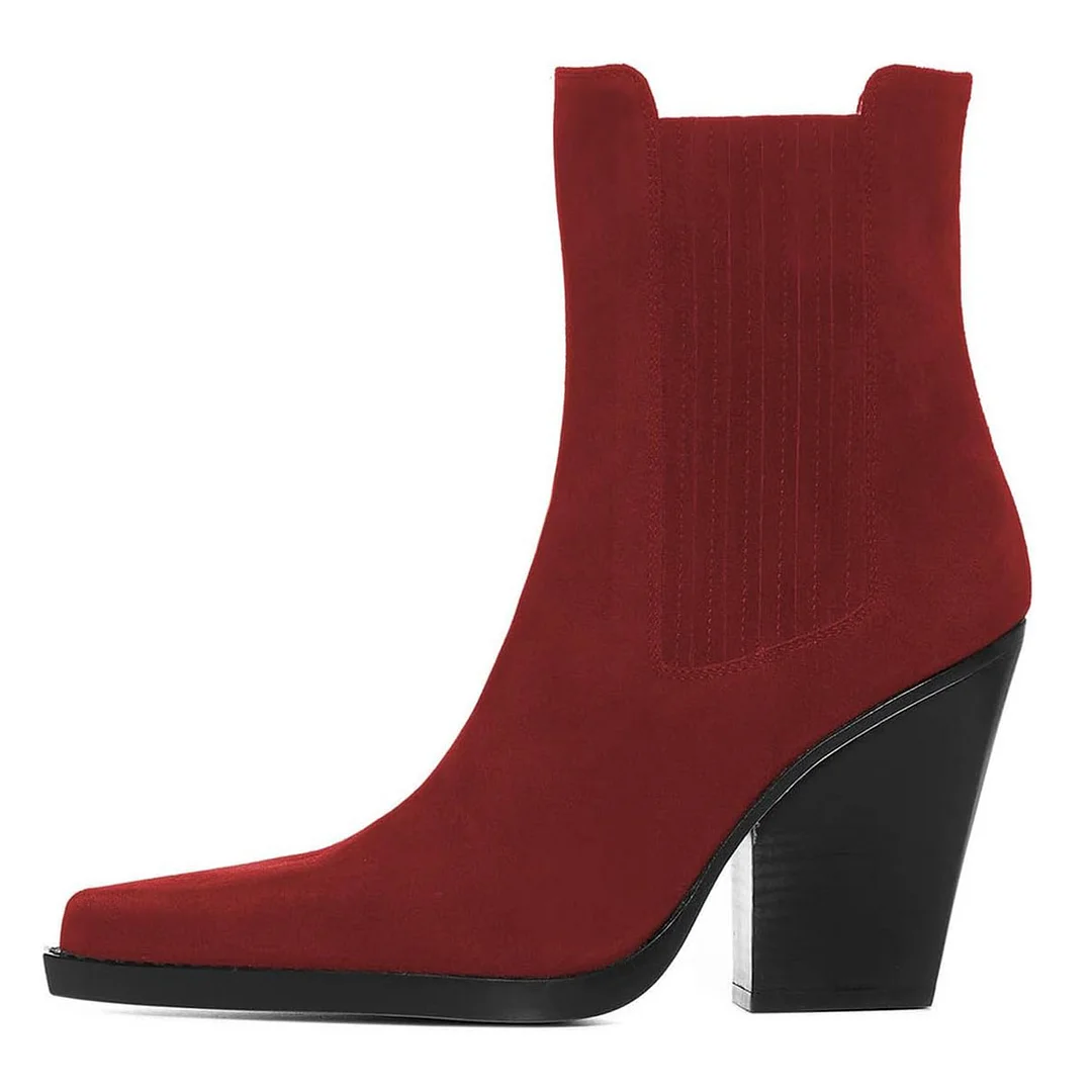 Women's Pull-On Red Vegan Suede Pointed Toe Chunky Heel Ankle Boots