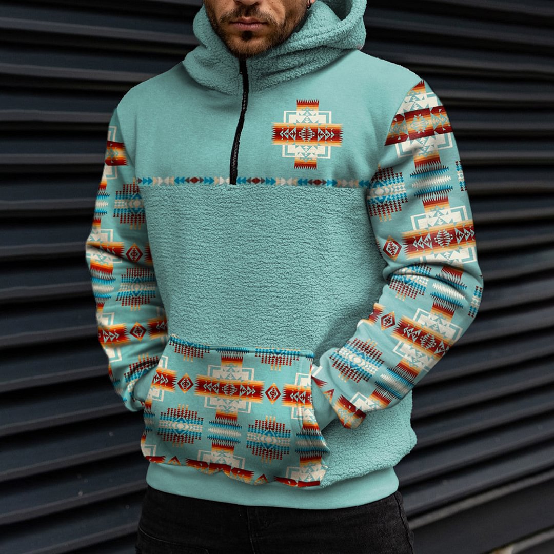 Men's Casual Geometric Ethnic Print Collage Sherpa Hoodie、、URBENIE
