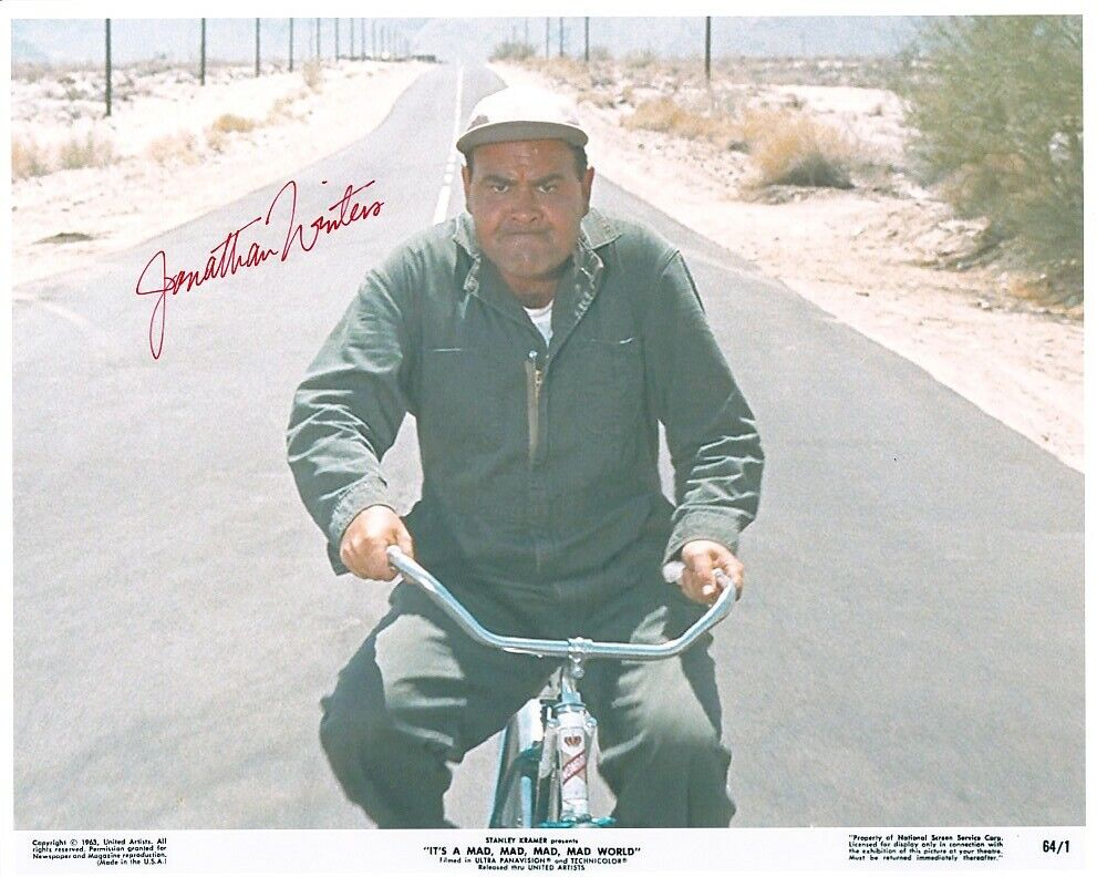 JONATHAN WINTERS signed IT'S A MAD WORLD 8x10 w/ coa FUNNY SCENE ON GIRL'S BIKE