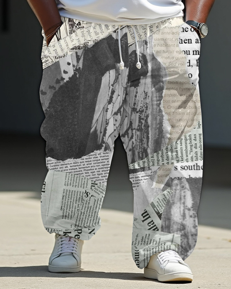 Men's Casual Cotton Patchwork Newspaper Printed Loose Staggered Waist Sports Jogging Pants