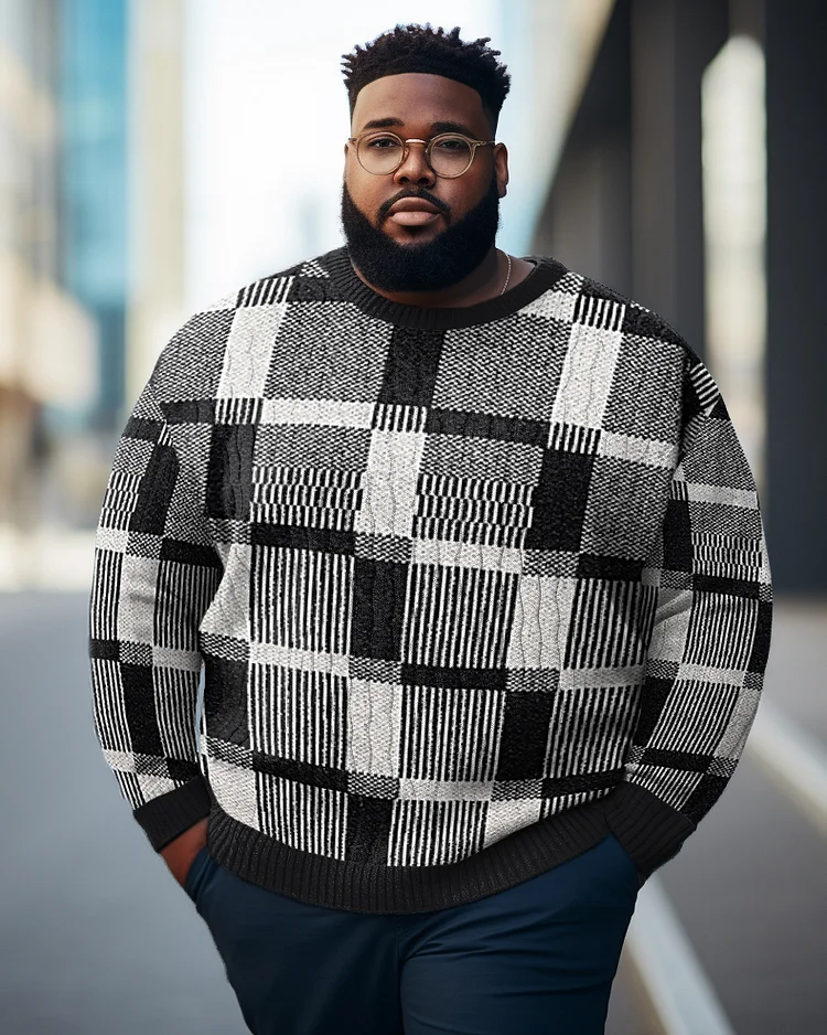 Men's Plus Size Casual Geometric Color Block Long Sleeve Warm Crewneck Sweater