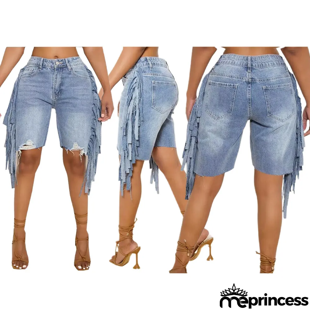 Summer Denim Stretch Pants Tassel Denim Stretch Knee-Length Shorts