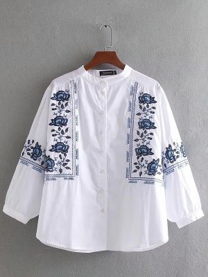 Cotton Crew Neck Long Sleeve Embroidered Shirts & Tops Zaesvini