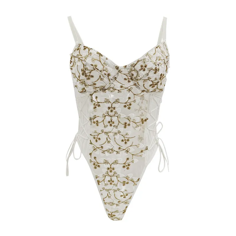 Churchf Churchf New Hot Style Mesh Embroidery Sexy Lace Transparent Back Drawn Rope Slim Waist Jumpsuit Woman