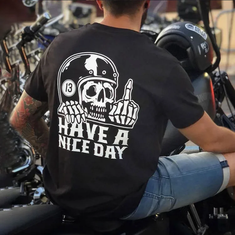 MOTOSUNNY HAVE A NICE DAY Skull with Helmet Graphic Black Print T-shirt b216