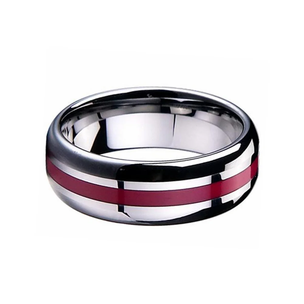 8MM Silver Tungsten Carbide Rings Center Thin Red Line High Polished Men Wedding Band