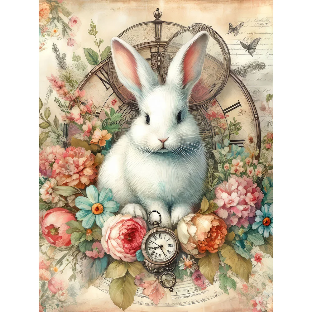Full Round Diamond Painting - Cute Rabbit Clock(Canvas|30*40cm)
