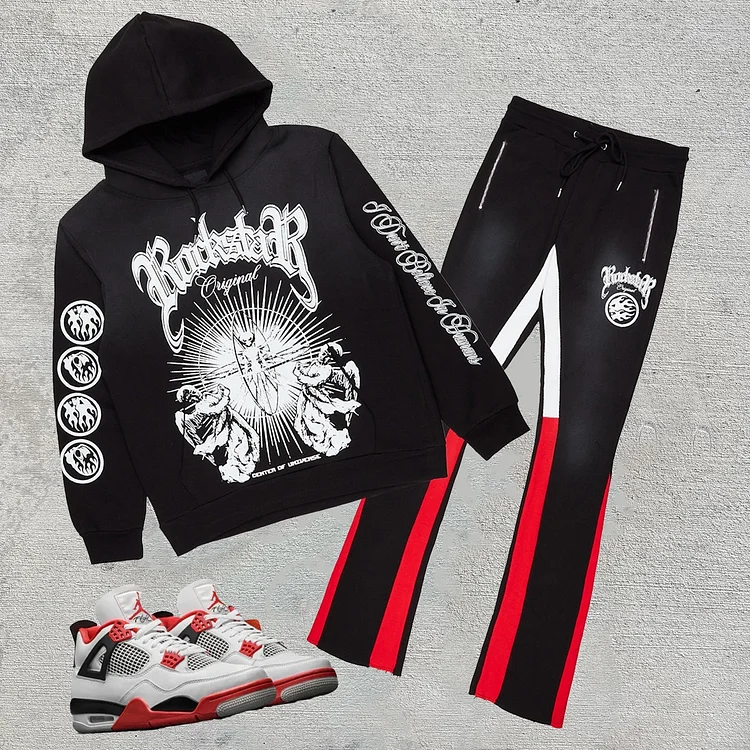 Angel Alien casual street patchwork hoodie two-piece suit