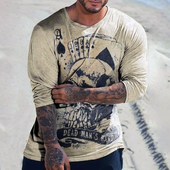 Poker & Skull Designer Creative Print Men's Fashion Casual Long Sleeve Shirt