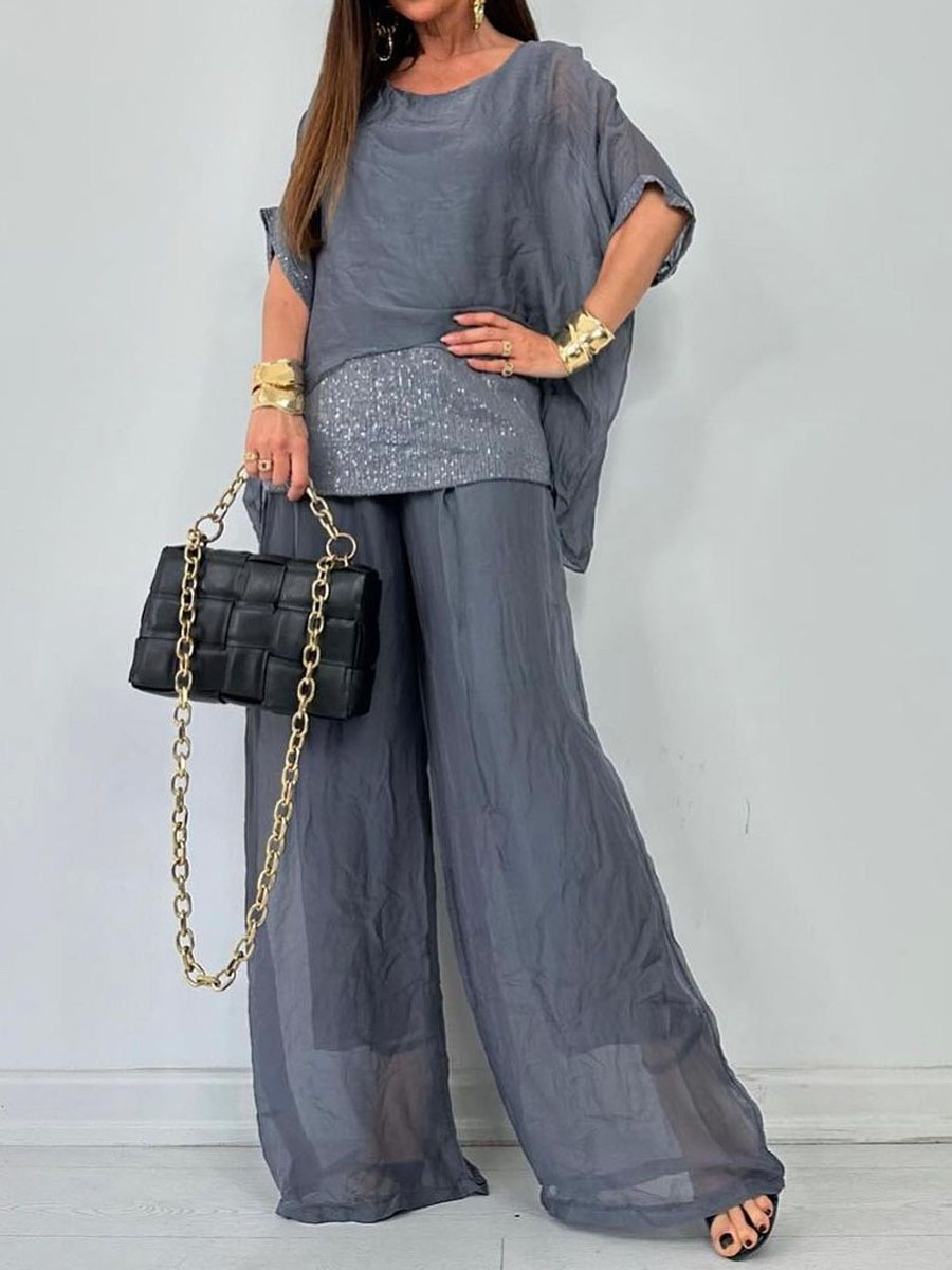 Bayoumowers 2025 Women's New Summer Chiffon Round Neck Short Sleeve Fashion Bead Splicing Pants Casual Comfortable Loose Set For Women