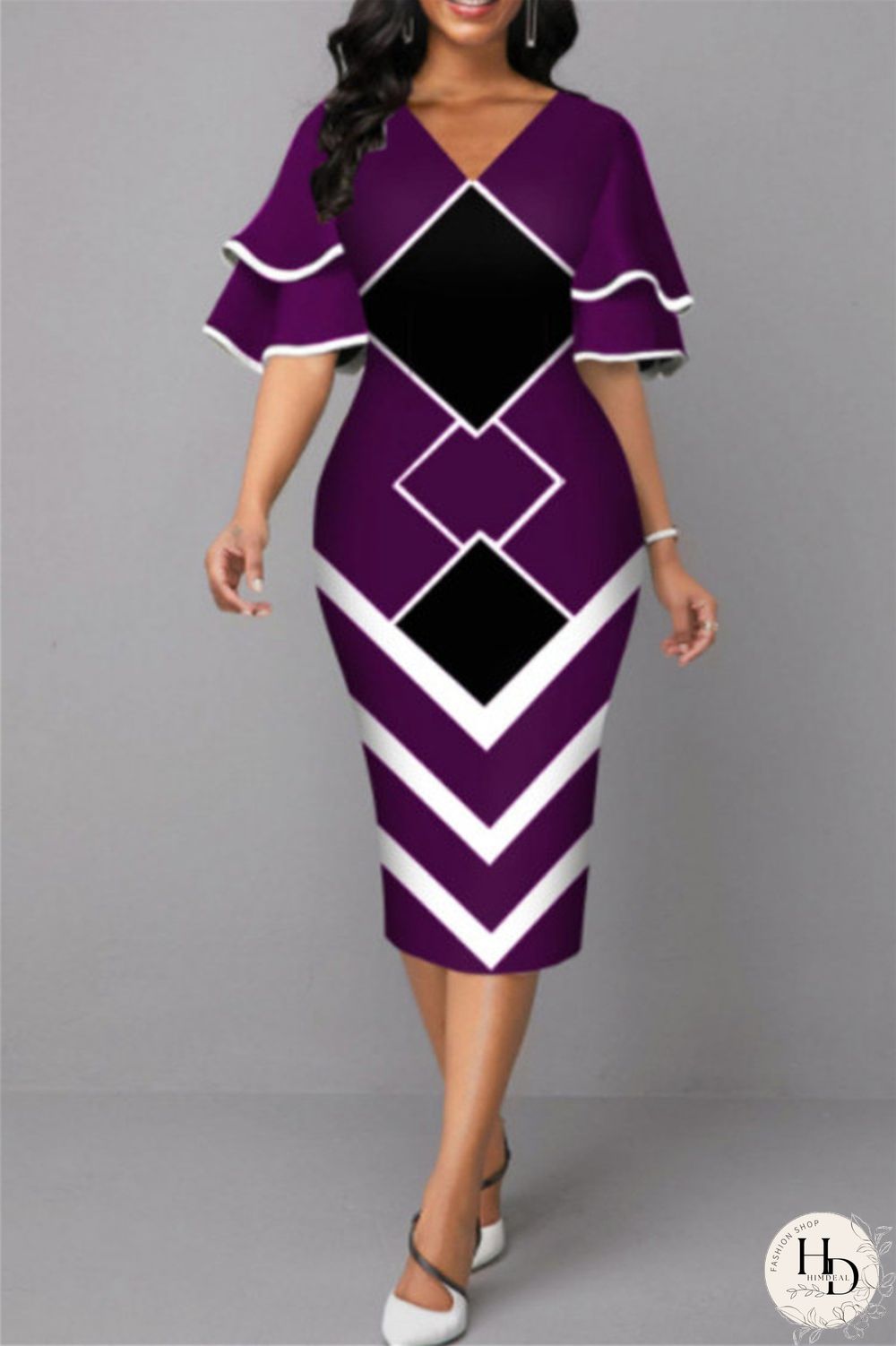 Purple Fashion Casual Print Patchwork V Neck One Step Skirt Dresses