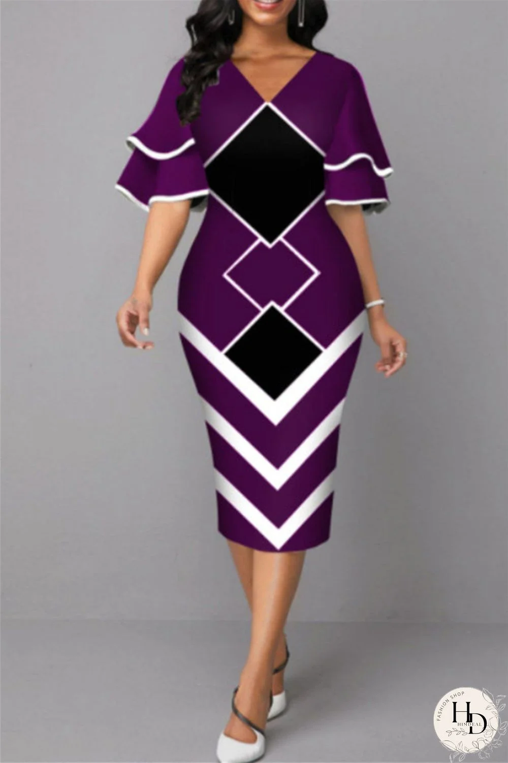 Purple Fashion Casual Print Patchwork V Neck One Step Skirt Dresses