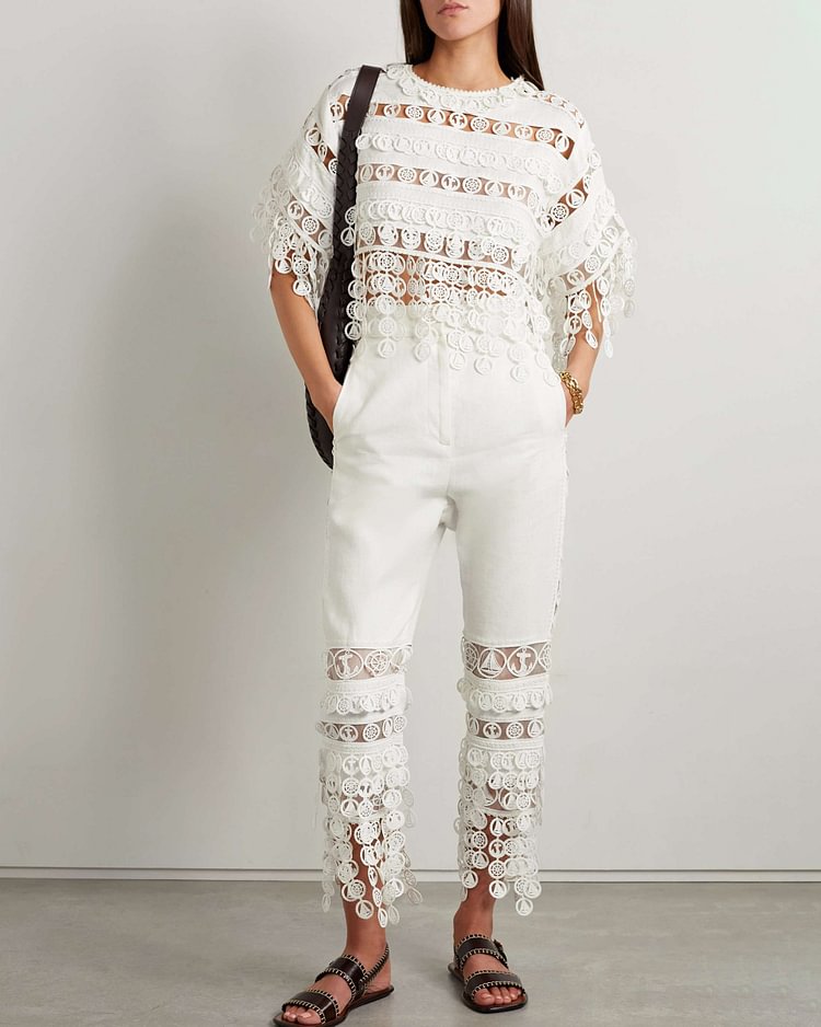 Lace short sleeve top casual pants suit