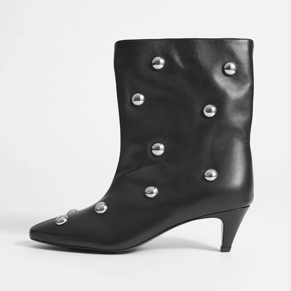 Black Closed Toe Studded Slip On Low Kitten Heeled Ankle Boots