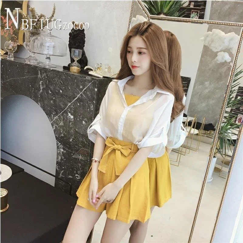 Fashion Wide Leg Shorts Camisole And Chiffon Coat Women Sets Casual Female Sets