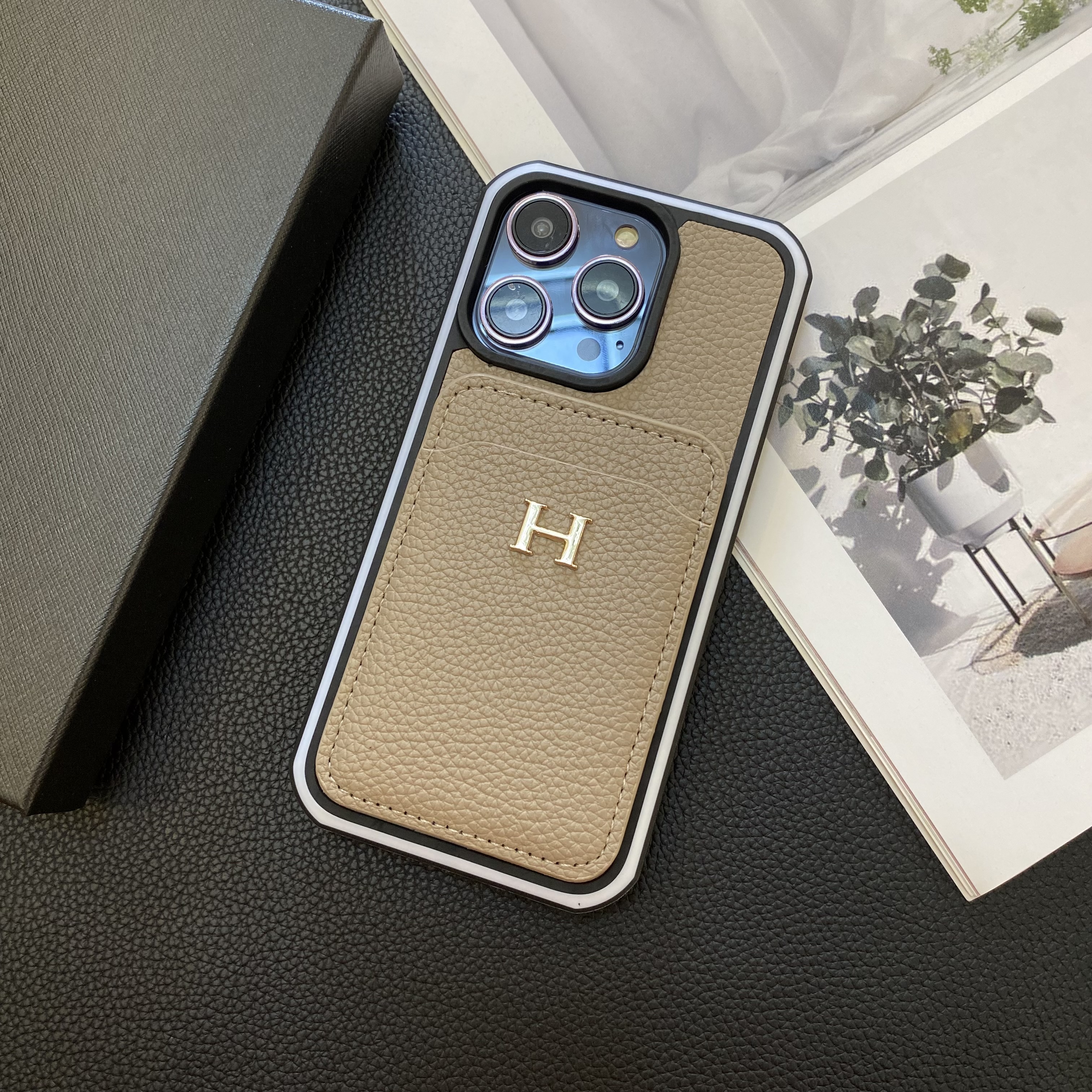 Hermes Genuine Leather Lychee Pattern Back Card Slot Apple iPhone Case