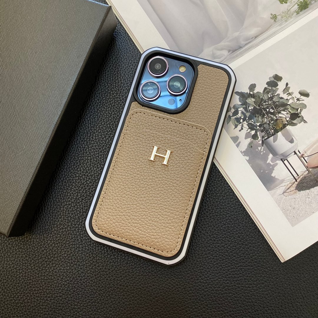 Hermes Genuine Leather Lychee Pattern Back Card Slot Apple iPhone Case