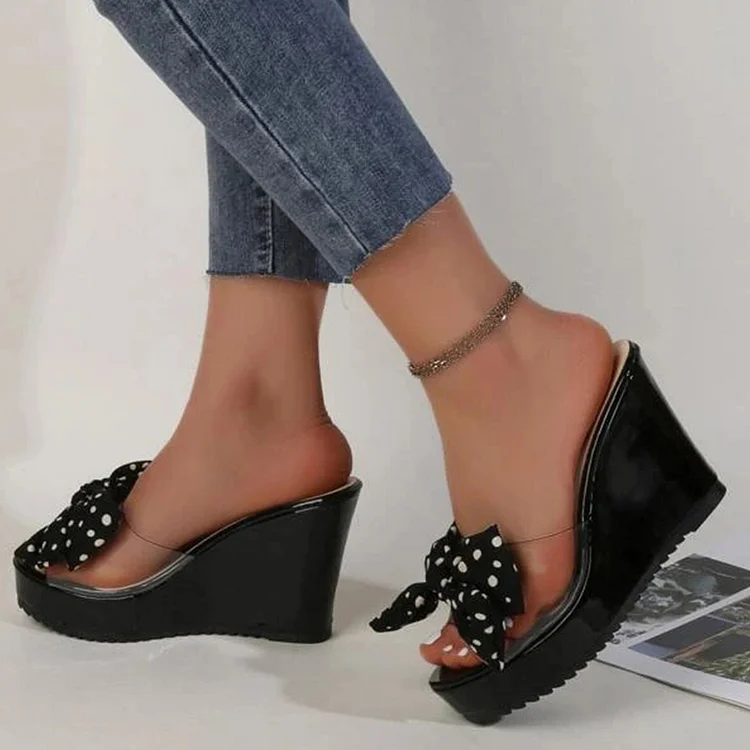 Black and White Polka Dot Wedge Mule Shoes with Bow Vdcoo