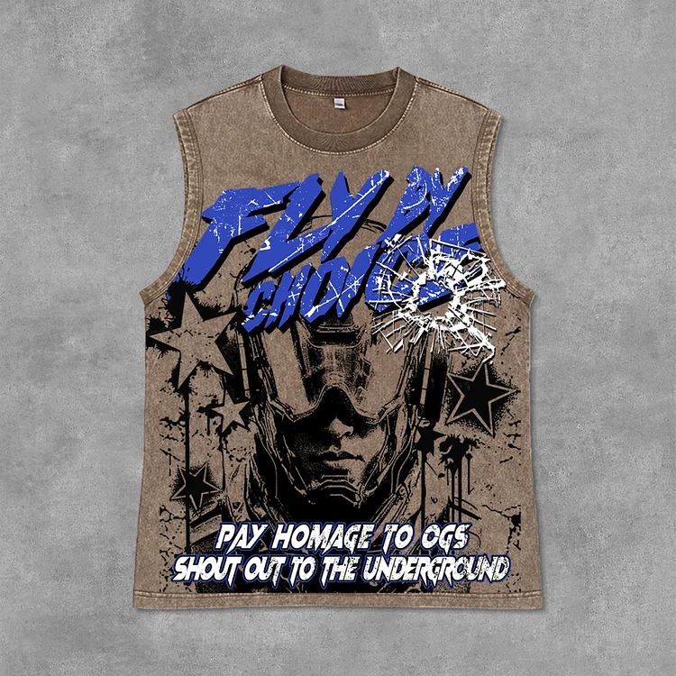 Fly By Choice Graphic Print Acid Washed Sleeveless Tank Top SOPULA