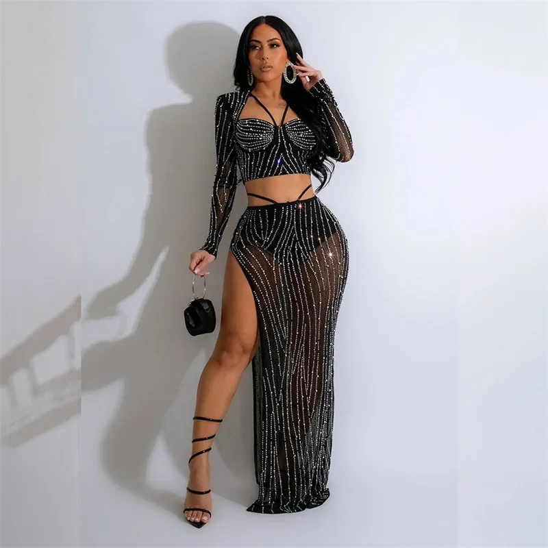 Women's Sexy Sequins Diamonds Wrap Bust T-Shirt & Split Hem Floor- Length Skirt 2 Piece Sets Party Suits