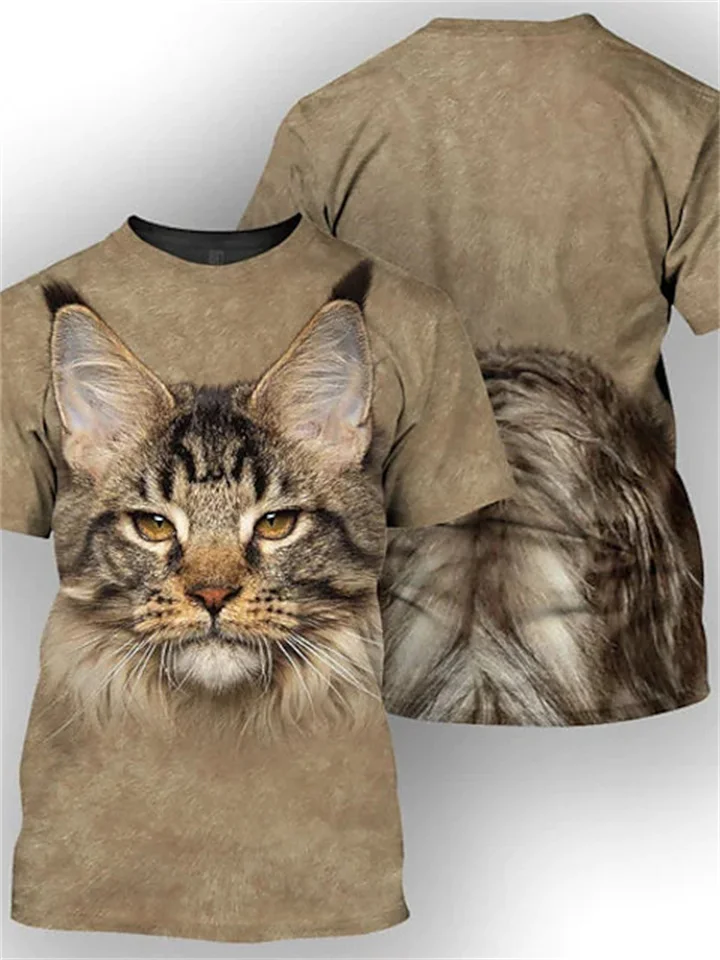Casual Short-sleeved Men's T-shirt Round Neck Cat Design 3D Print Khaki Yellow Black Brown-Cosfine