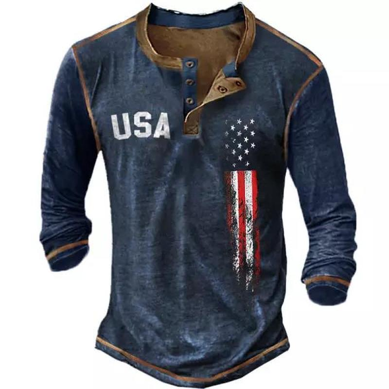 Men's Outdoor USA Flag Long Sleeve Henley T-Shirt
