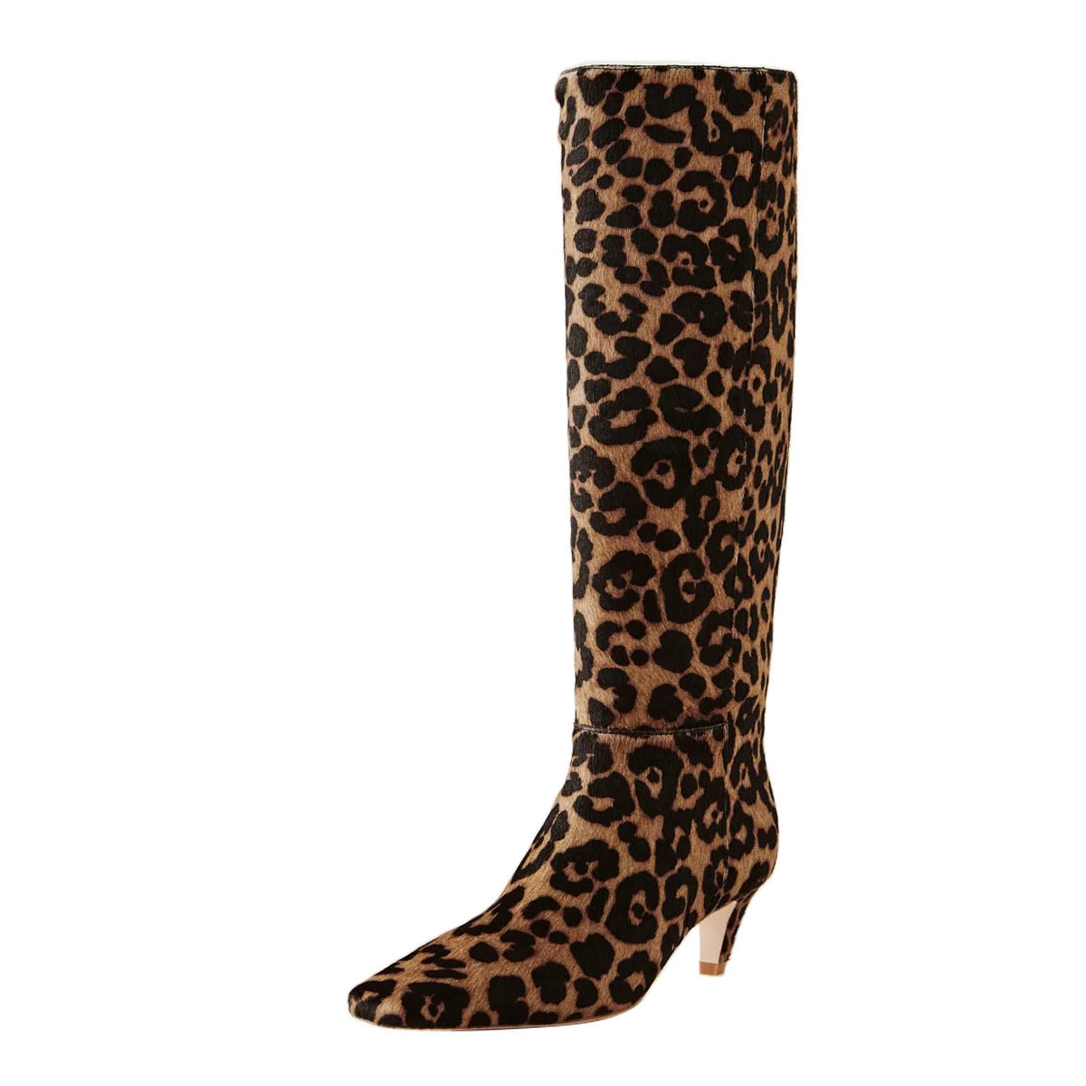 Brown & Black Leopard Printed Square Toe Kitten Heel Long Boots Nicepairs