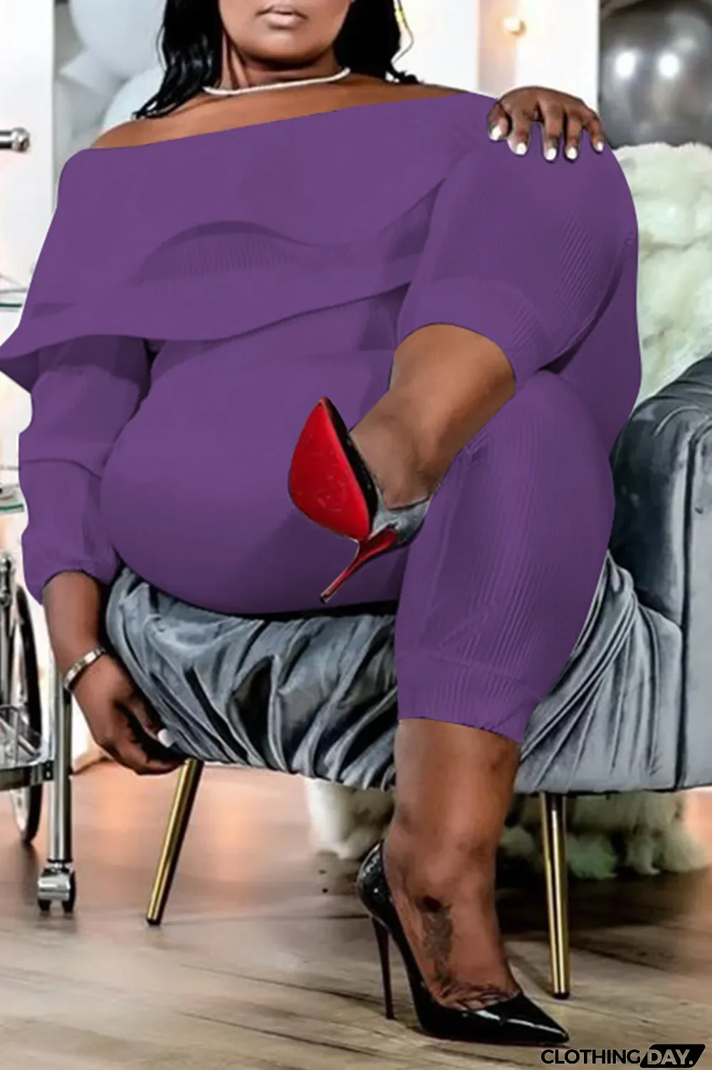 Purple Casual Solid Patchwork Off the Shoulder Plus Size Jumpsuits