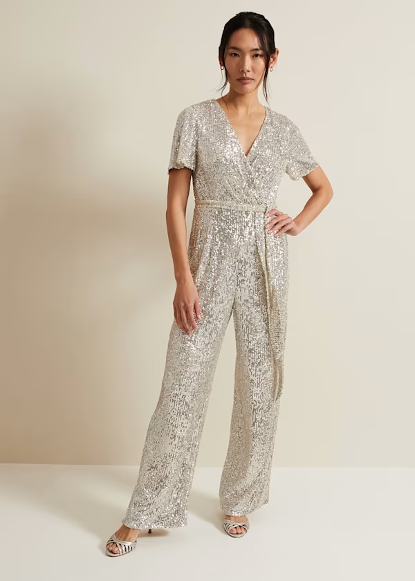 Lvs&Broner Shining Sequins V Neck Short Sleeves High Waist Long Wid-Leg Jumpsuit 