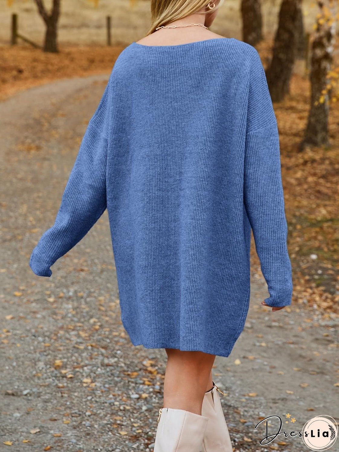 V-Neck Dropped Shoulder Sweater Dress