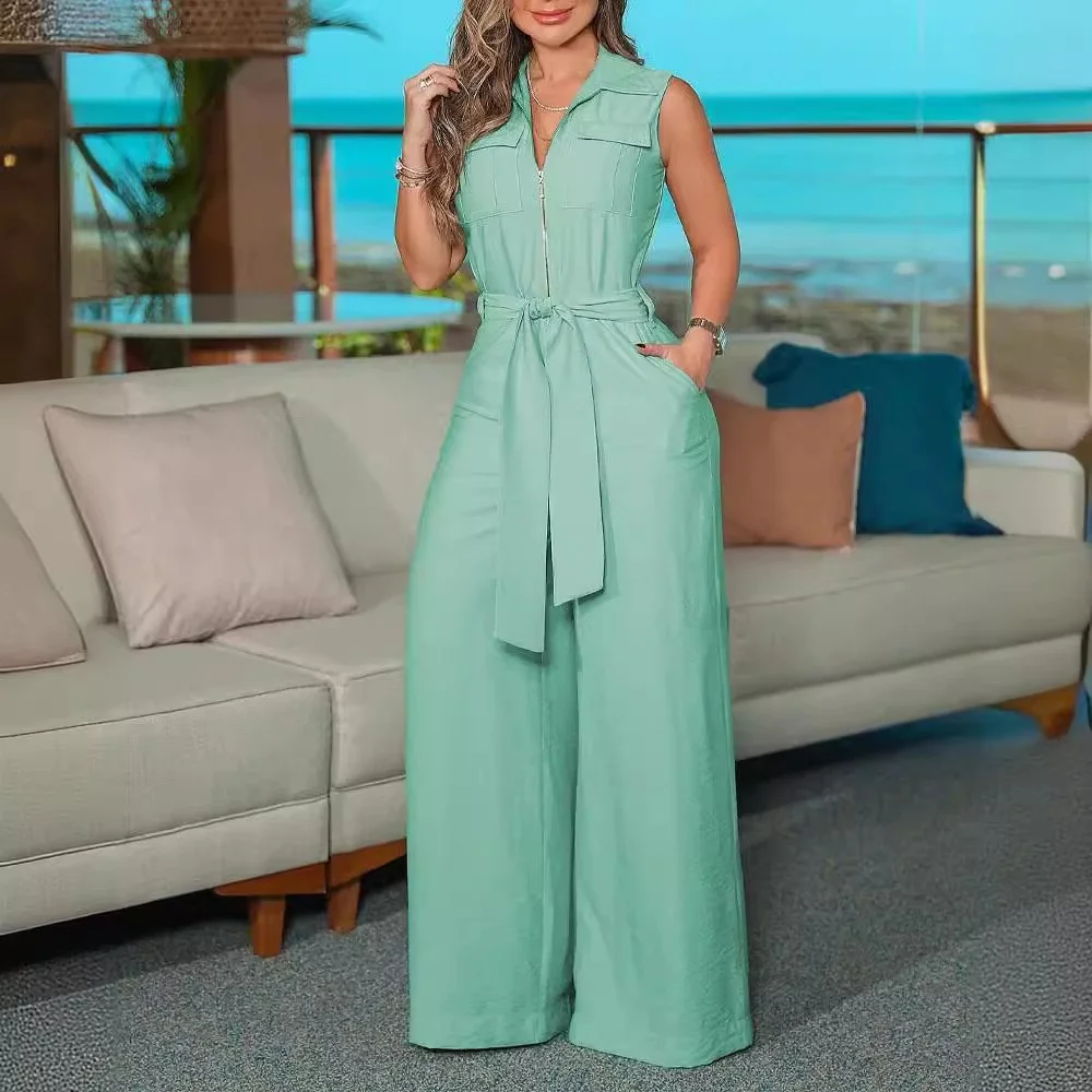 Wongn Wongn Women's Temperament Elegant Shirt Collar Sleeveless Solid Color Zipper Strap Wide Leg Jumpsuit