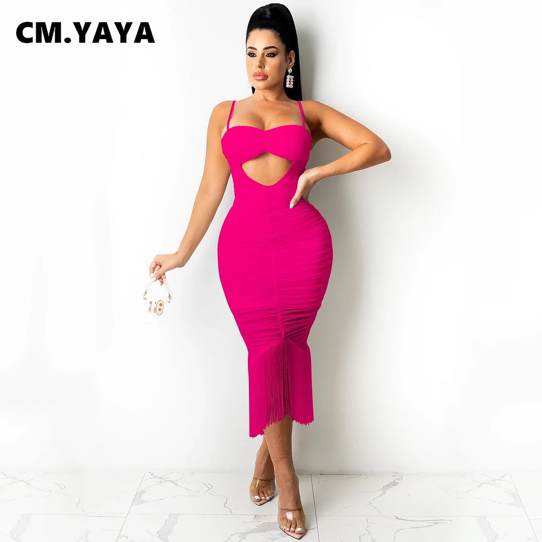 CM.YAYA Women Midi Dress Solid Sleeveless Strap Slash Neck Cut Out Tassel Stretchy Dresses Sexy Fashion Outfits Summer 2021