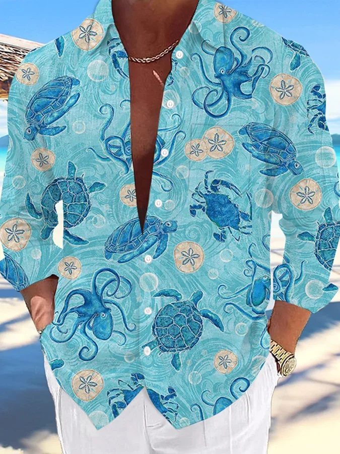 Men's Hawaiian Squid Print Fashion Vacation And Casual Shirt 