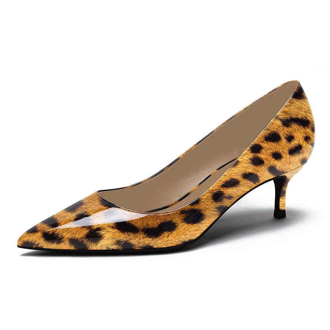 Patent Leather Leopard Print Pointed Toe Kitten Heel Pumps Shoes