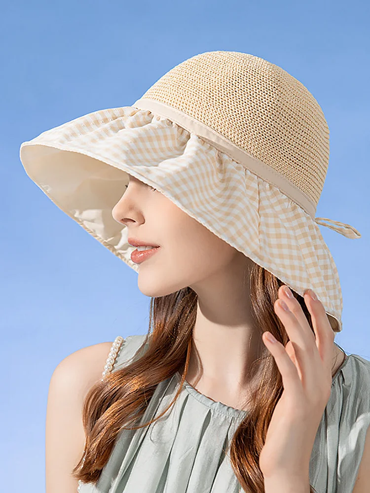 Summer Casual Straw Spliced Plaid Drawstring Hat