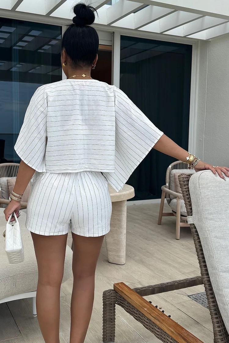 Bat-Wing Sleeve V Neck Crop Top Pinstripe Shorts 2pcs Set-White
