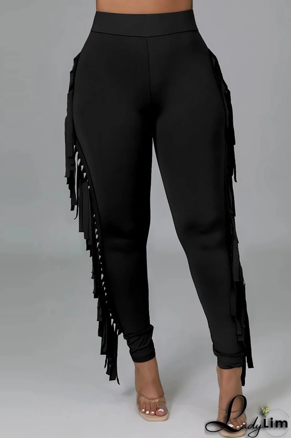 Black Fashion Casual Solid Tassel Regular High Waist Pencil Trousers