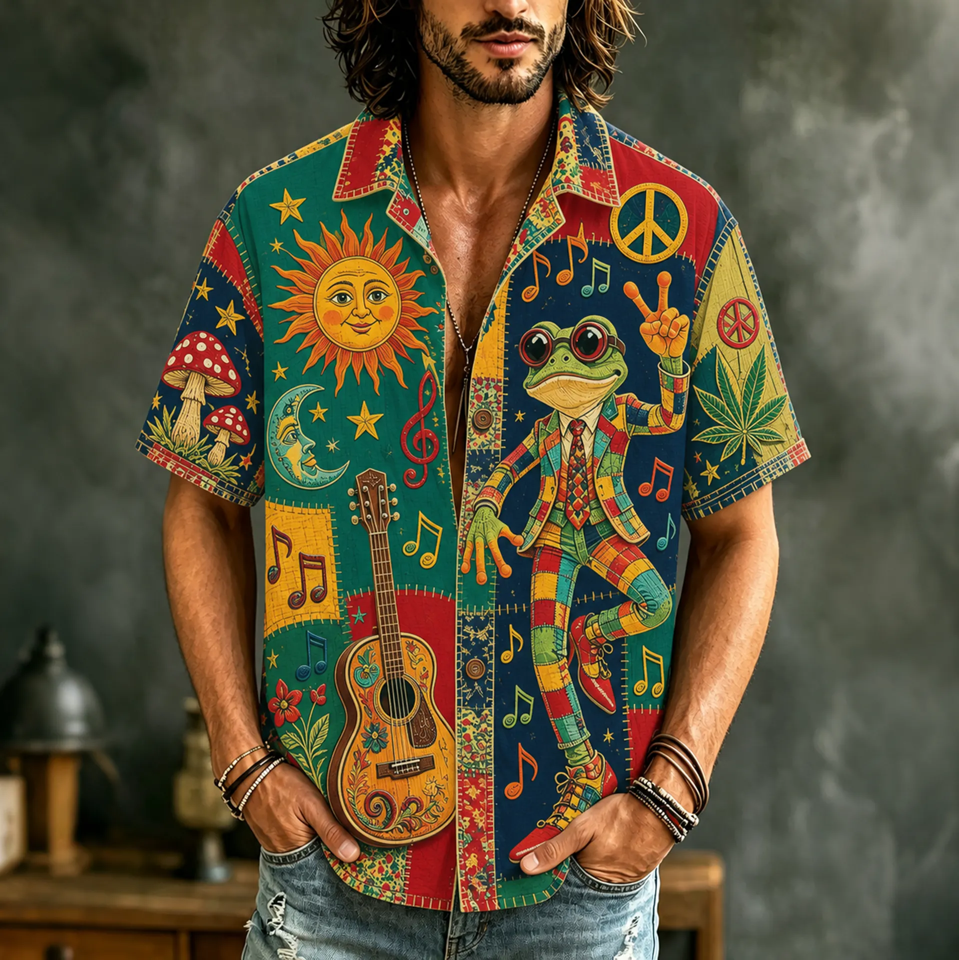 Men's Boho Frog Music Patchwork Psychedelic Peace & Sun Moon Art Print Casual Shirt elevenforest