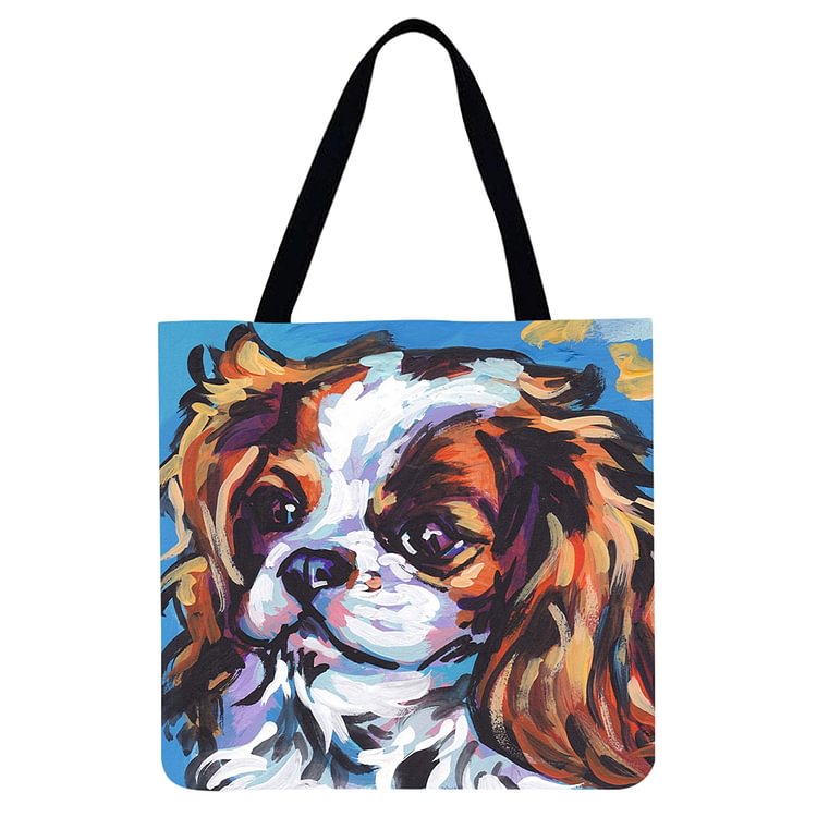 Linen Tote Bag - Kawaii Puppies Charles Spaniel Dog Oil Painting